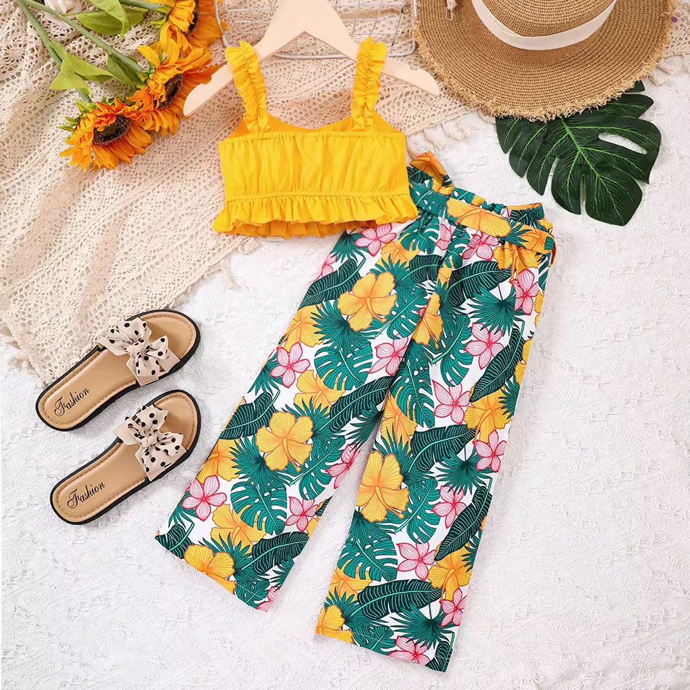 Bold N Elegant Plain Top And Floral Print Pant Sets Dress For Girls With Belt