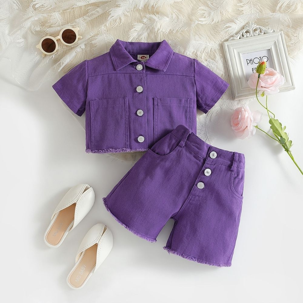 Baby Girl Stylish Short Denim Plain Shirt And Short Pant Set