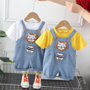 Lion Print Soft Cool Tees and Cotton Dungaree Set For Kids