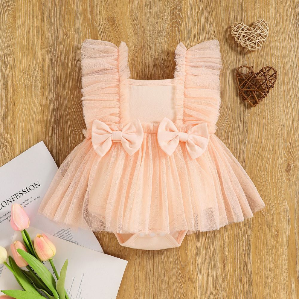 Ruffled Bow Embellished Net Flared Styled Bodysuit For Baby Girl 3 To 6 M
