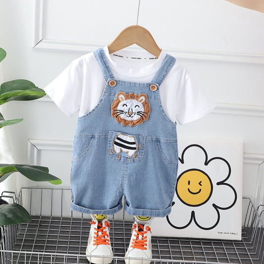 Lion Print Soft Cool Tees and Cotton Dungaree Set For Kids