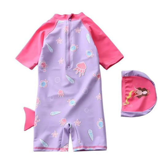 Mermaid Designed One Piece Swimsuit with Cap