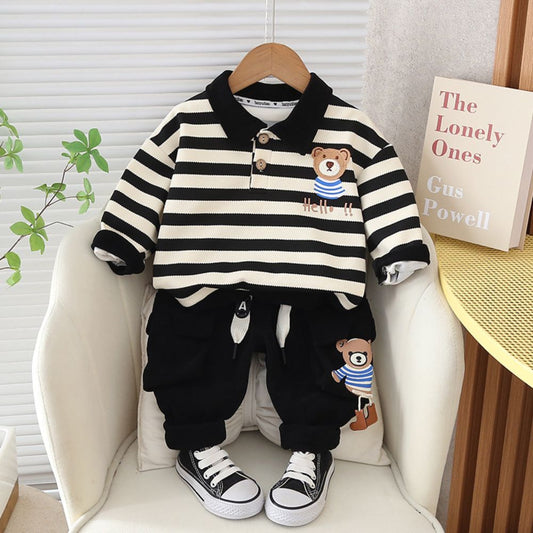 Teddy Bear Logo Full Sleeve Collar T-Shirt & Corduroy Pant Set