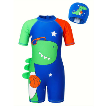 Footballer Dinosaur Printed One Piece Swimsuit With Cap