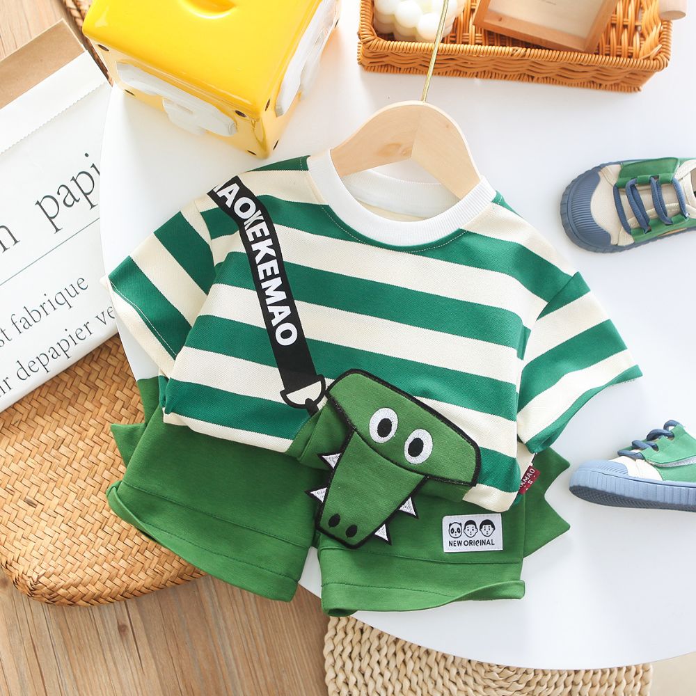 Short Sleeve Soft Cotton Stripe Tees and Shorts Set