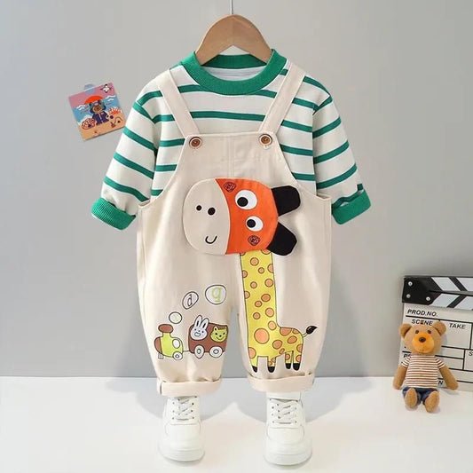 Cute Giraffe Design With Stripe T-shirt and Dungaree Overall Set