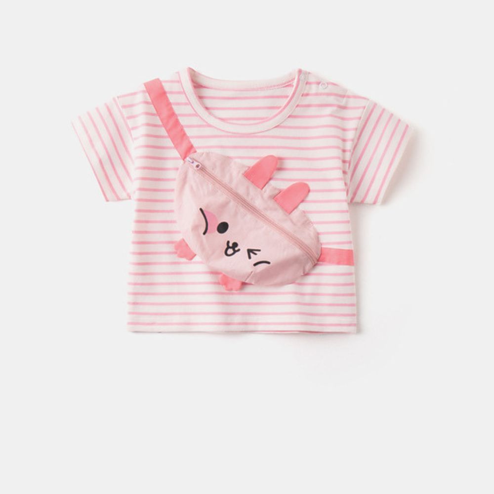 Infant Baby Soft Short Sleeve Striped Tees With Attached Cartoon Designed Pouch