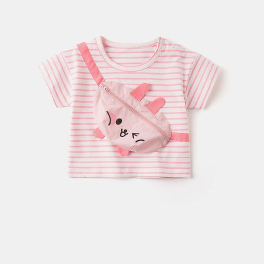 Infant Baby Soft Short Sleeve Striped Tees With Attached Cartoon Designed Pouch