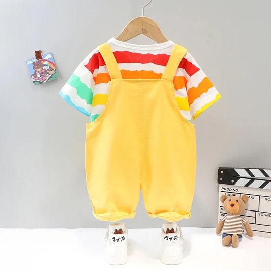 Cute Stripes T-shirt and Dungaree Overall Set