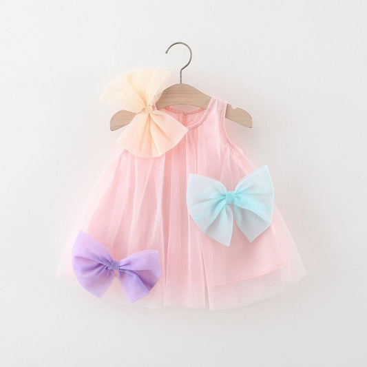 Double Layered Soft Net Party Dress For Baby Girl With Large Three Bow