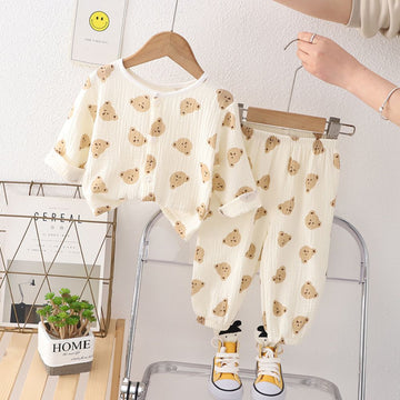 Teddy Bear Face Print Muslin Nightsuit for Kids