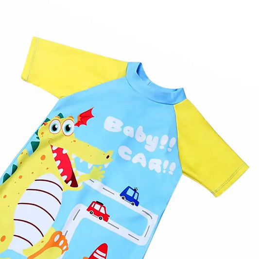 Dinosaur Car Printed One Piece Swimsuit With Cap