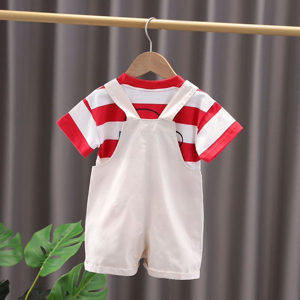 Super Soft Summer Red Stripes Tees And Cotton Dungaree Set
