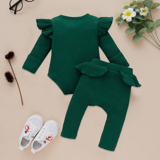 Full Sleeve Cotton Ruffled Romper With Pants Co-ord Sets
