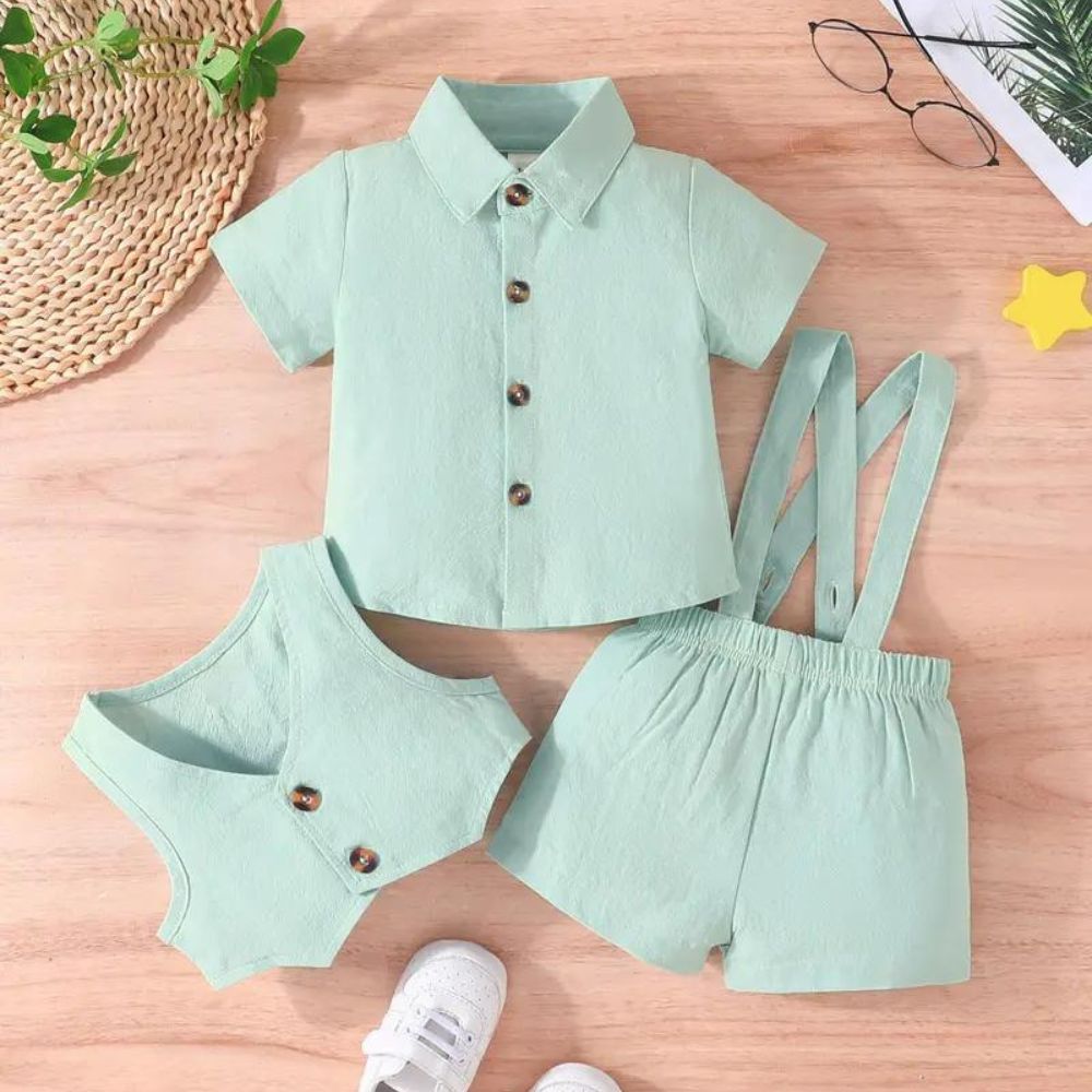 3 Piece Muslin Cotton  With Suspender Shorts And Waist Coat Summer Set For Kids