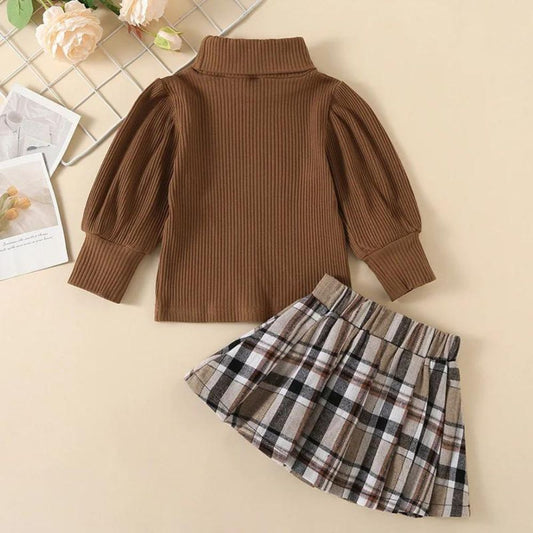 Ribbed Top & Belted Flannel Skirt Set