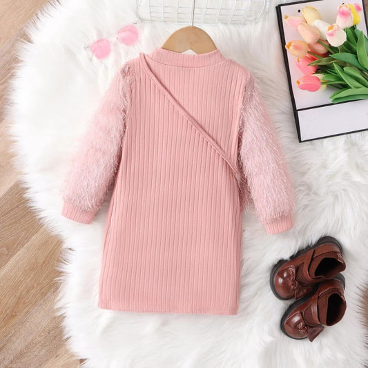 Full-Sleeve Sweater Dress with Sling Bag