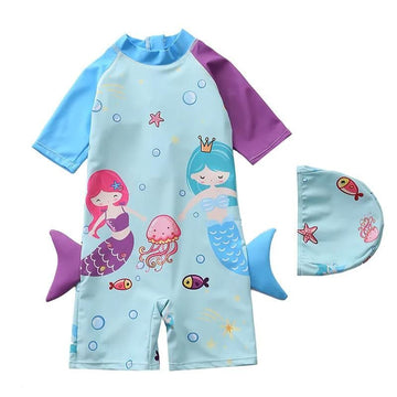 Girls Cute Dual Mermaid Tail Swimsuit With Hat