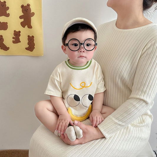 Cartoon Face Design Off-White Baby Onesie