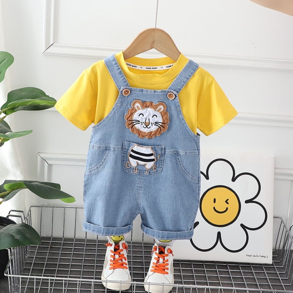Lion Print Soft Cool Tees and Cotton Dungaree Set For Kids