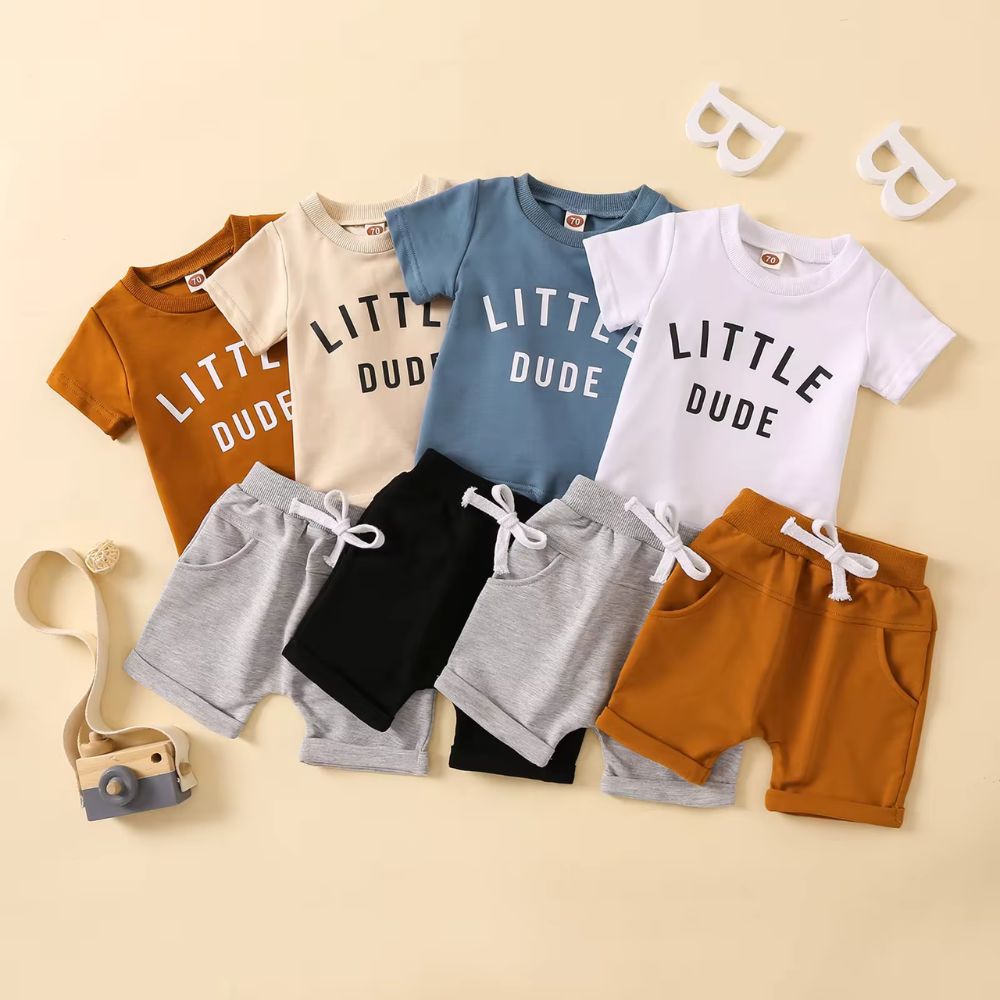 Extra Soft Summer Little Dude Print Tees And Shorts Sets