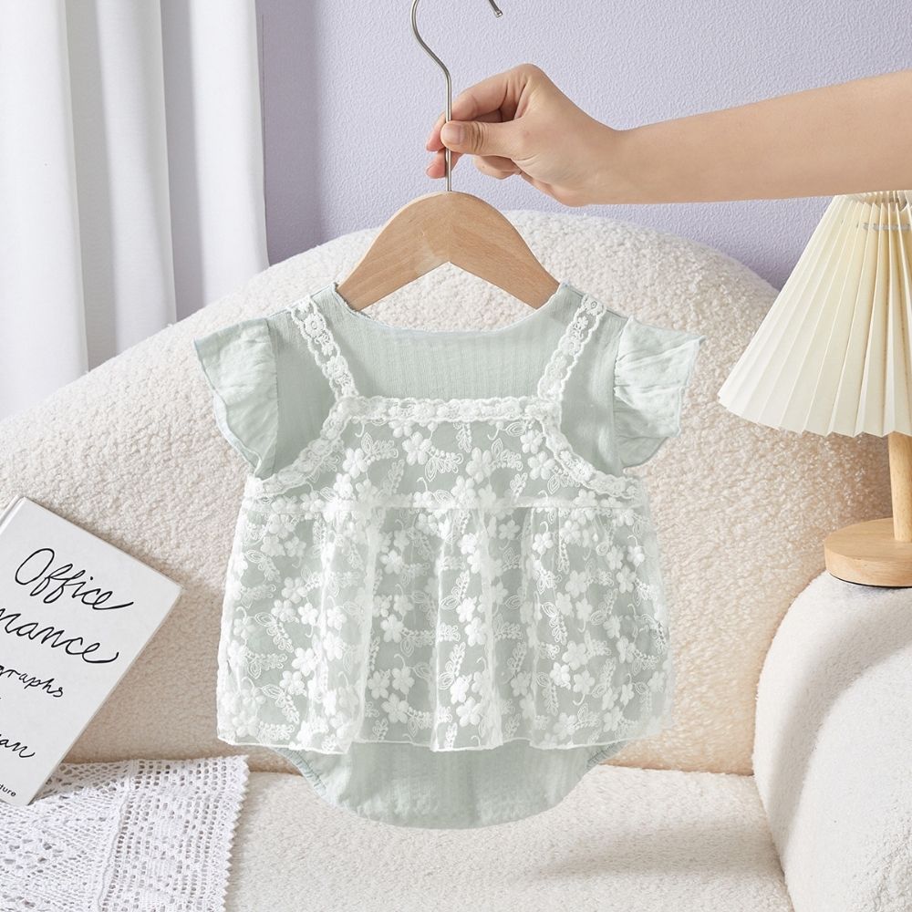 White Lace Overlay Light Green Baby Girl Romper