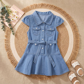 Girls' Denim Shirt Dress with Waist Belt