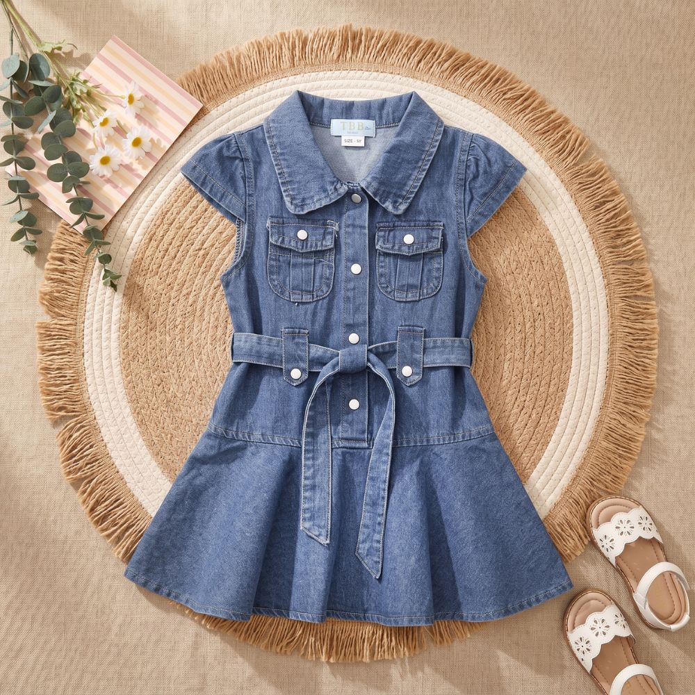 Girls' Denim Shirt Dress with Waist Belt