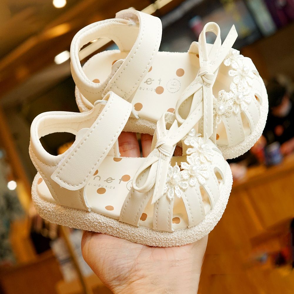 Korean Style Baby Girl Sandals with Bow & Pearl Floral Embellishments