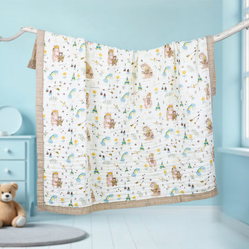 Brown Bear, Rain, Clouds, Print Soft Muslin Blanket for Kids