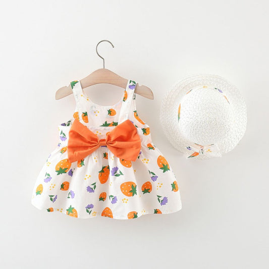 Casual Dress Large Bow Pure Cotton  Frock For Baby Girl Strawberry Print With Hat
