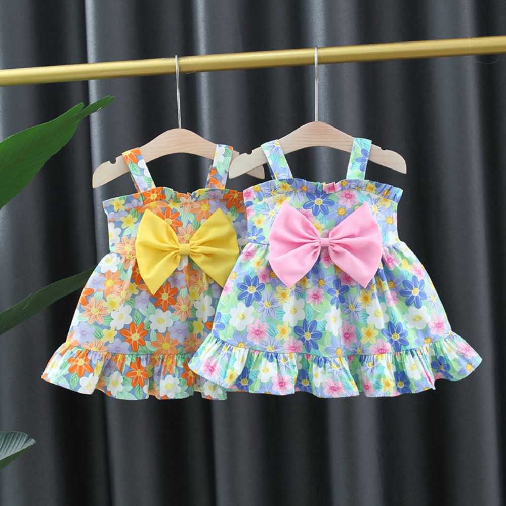 Baby Girl Large Bow Dress Ruffled Sleeveless Casual Frock With Colorful Floral Prints