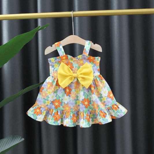 Baby Girl Large Bow Dress Ruffled Sleeveless Casual Frock With Colorful Floral Prints