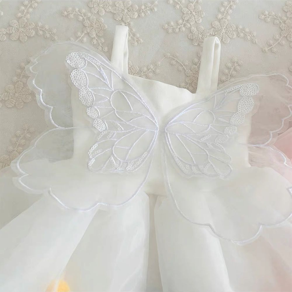 White Tiered Baby/Toddler Dress with Butterfly Appliqué & Colorful Pom-Poms