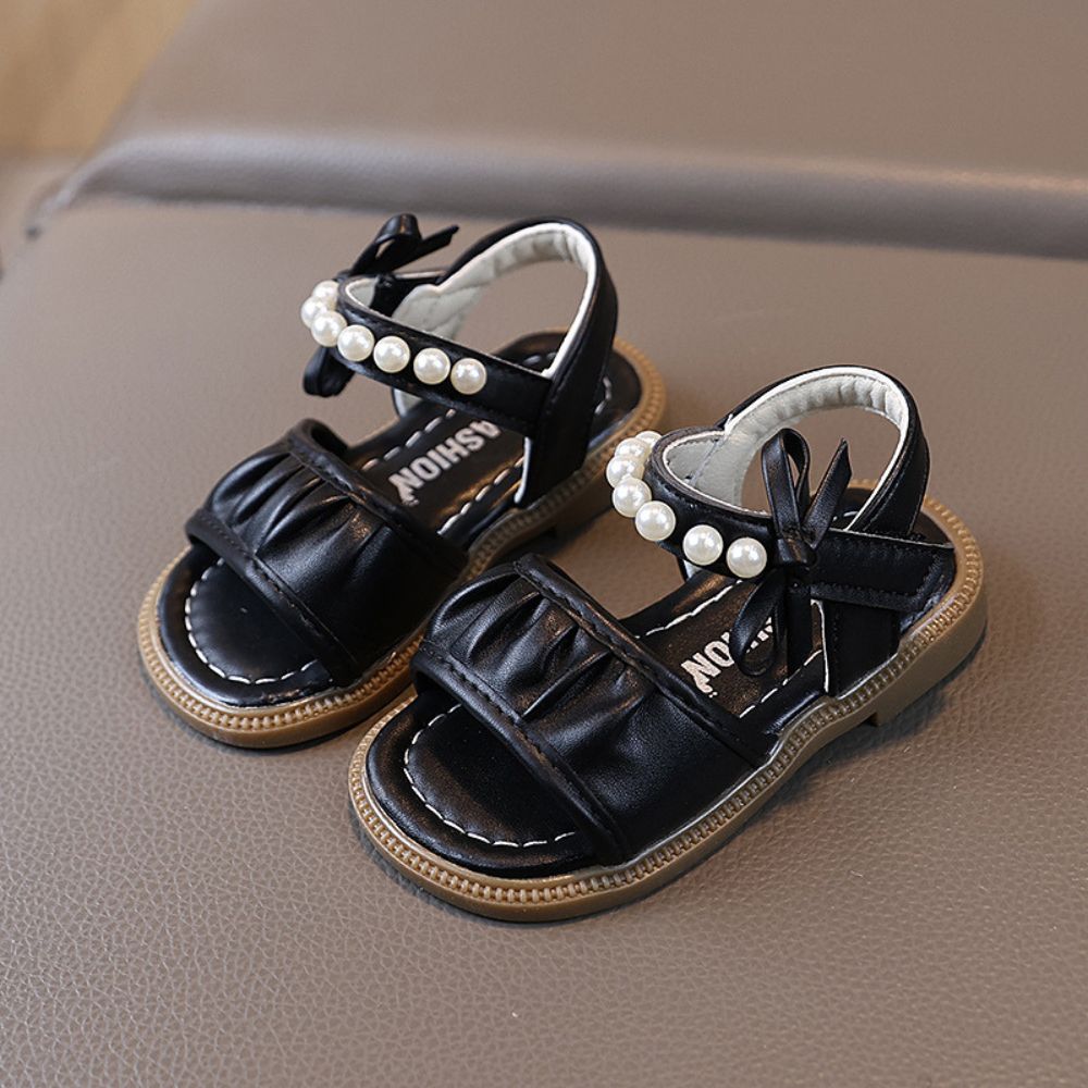 Black Little Girl's Pearl & Bowknot Open-Toe Sandals