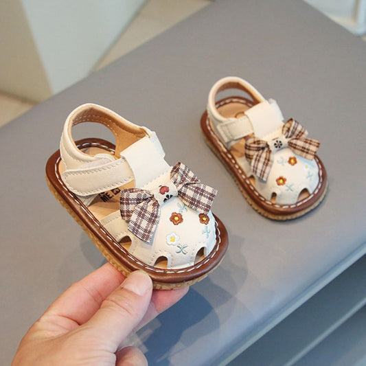 Baby Girl Sandals with Check Print Bow Appliqué