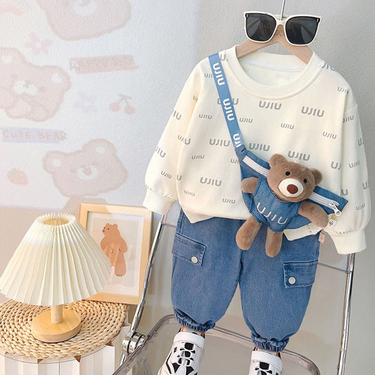 Kids' Outfit Bundle: Jeans, Full Sleeve T-Shirt & Teddy Bear Zip Pouch