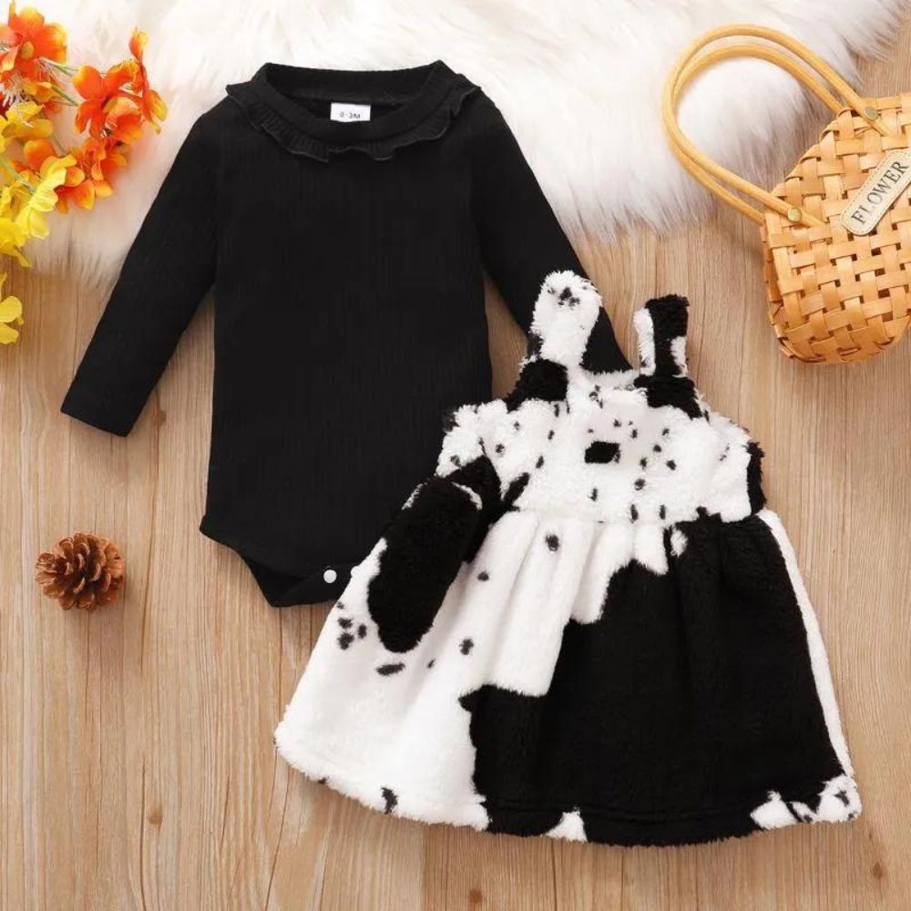 Girls Knee Length Fluffy Fleece Winter Dress with Onesie