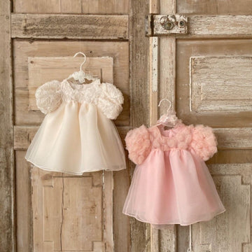 Multi Roses Embellished Tissue Silk Net Party Wear Flared Frock For Baby Girls