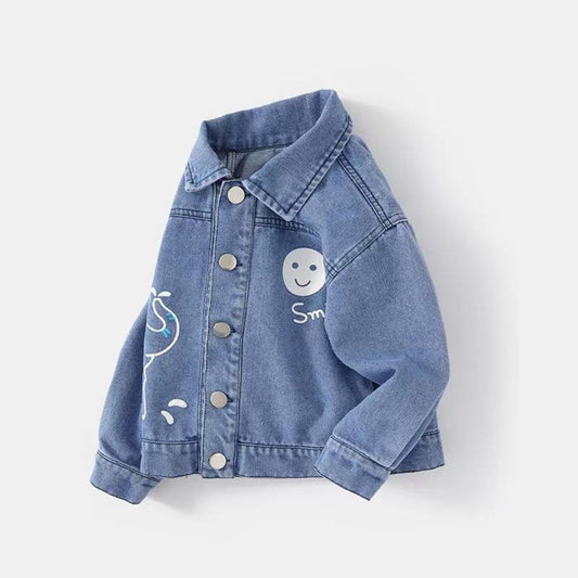 Full Sleeves Organic Cotton Washed Denim Cute Elephant Print Jacket For Baby Girls