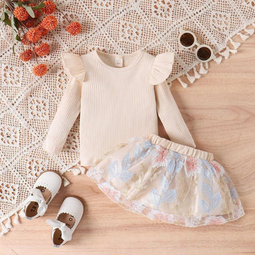 Ribbed Full Sleeves Top & Floral Skirt Set