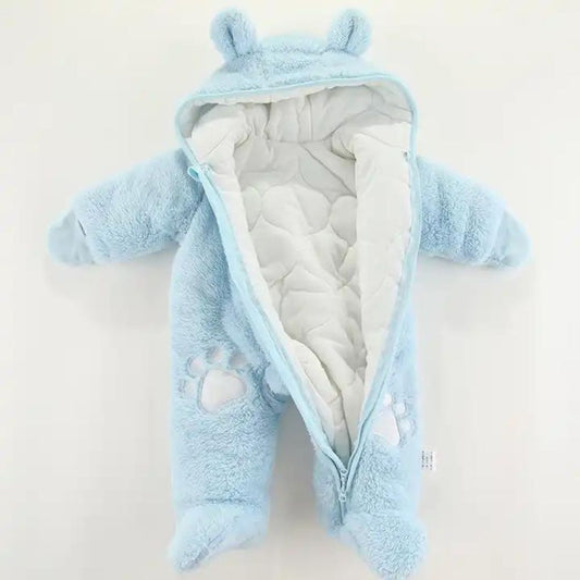 Single Zip Warm Fleece Hooded Romper Teddy Suit for Babies