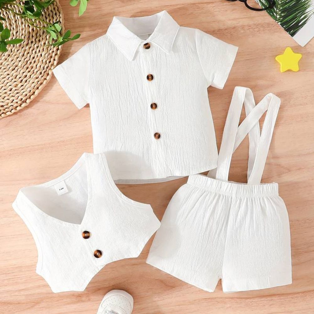 3 Piece Pure Soft Muslin Cotton  With Suspender Shorts And Waist Coat Set For Kids