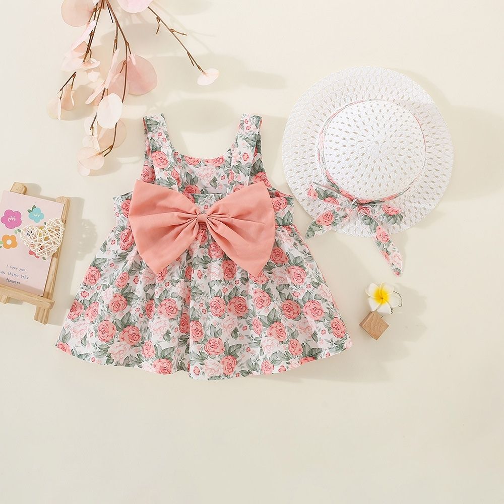 Sleeveless Cotton Floral Frock With Hat