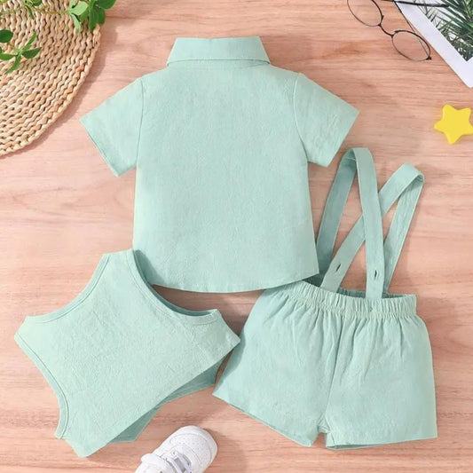 3 Piece Muslin Cotton  With Suspender Shorts And Waist Coat Summer Set For Kids
