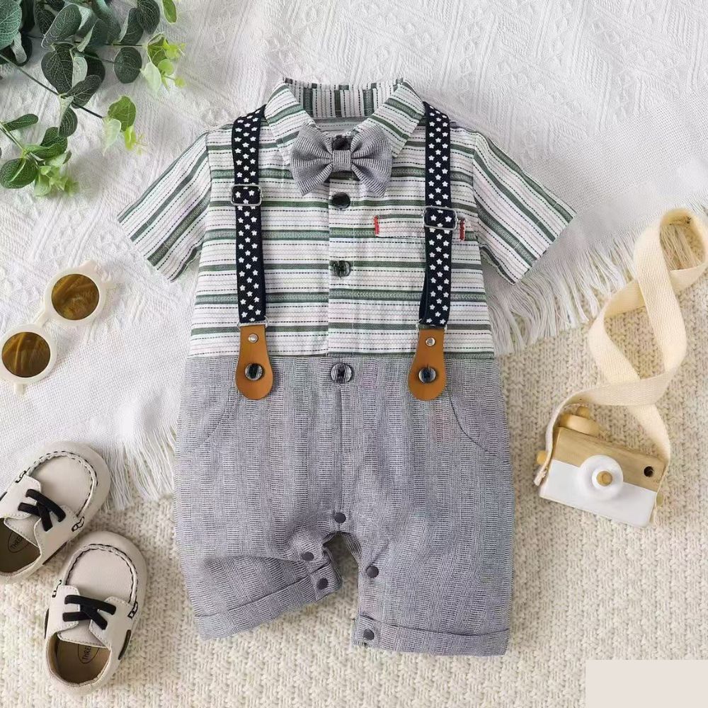 Bow Applique Suspender Design Romper for Boys.