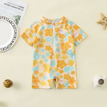 Flower Print Half Sleeve Zipper Swimwear for Girls