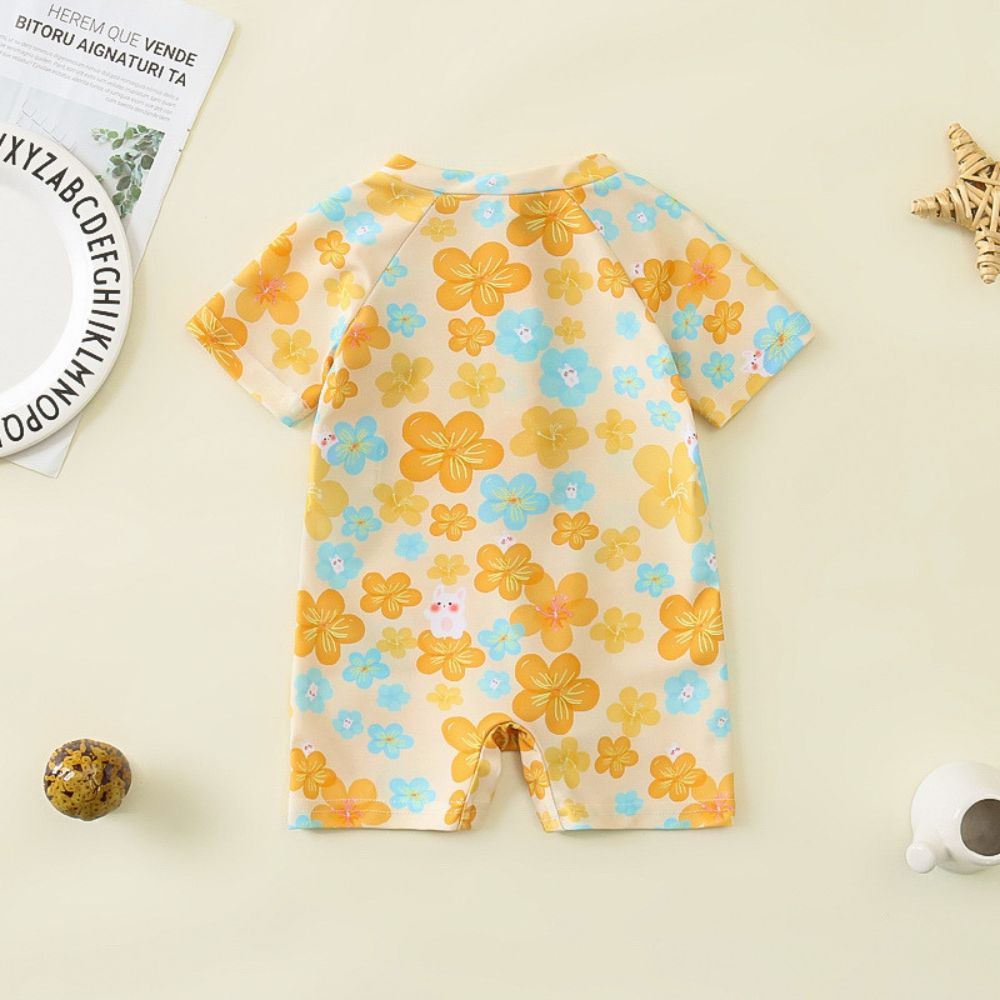 Flower Print Half Sleeve Zipper Swimwear for Girls