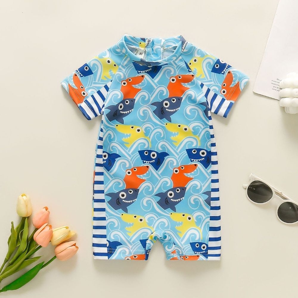 Shark Print with Short Sleeves & Zipper Swimsuit