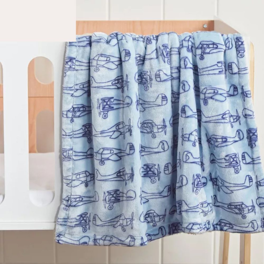 Dark Blue Airplane Pattern On Soft Light Blue Baby Blanket